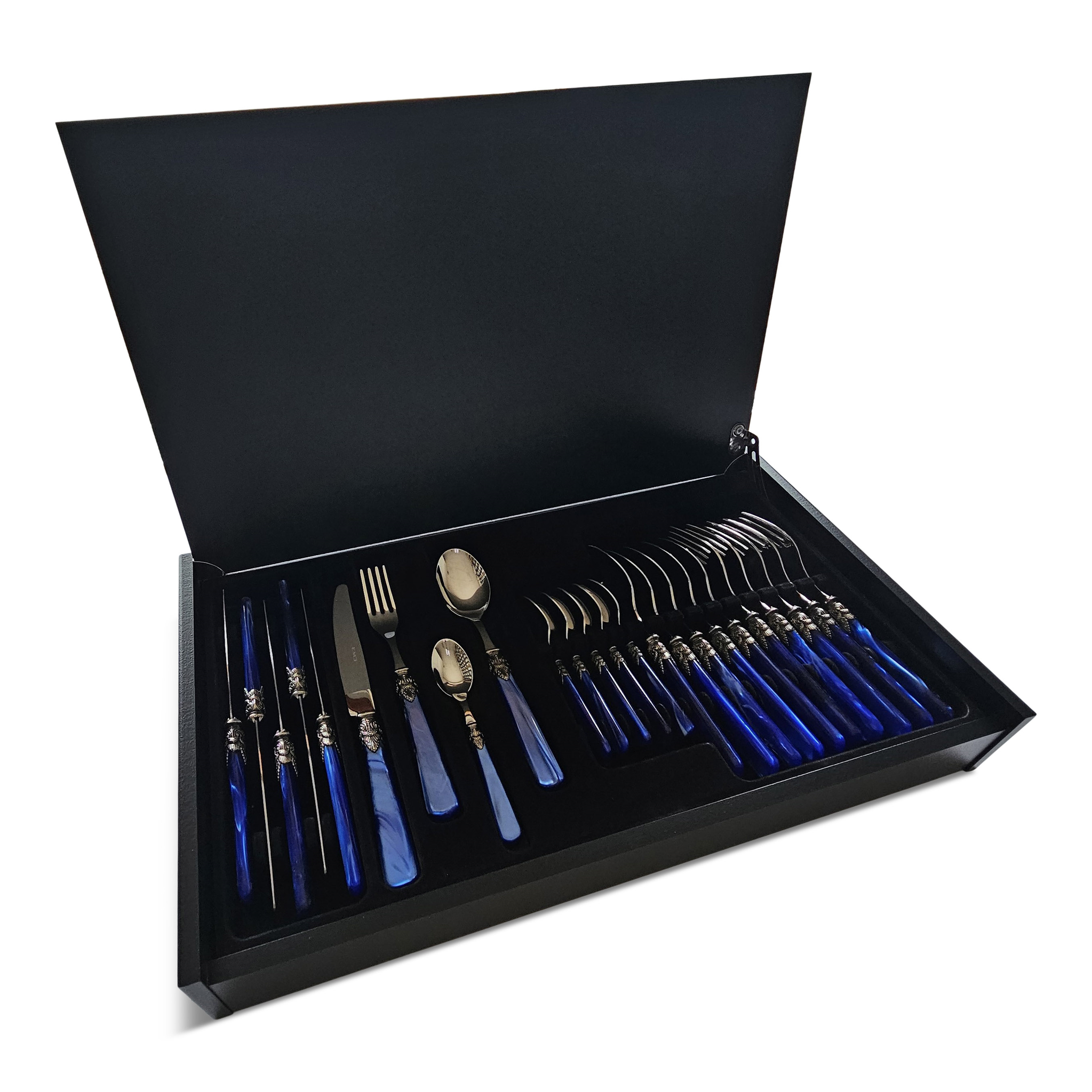24-delige bestekcassette voor 6 personen, Blauw (parelmoer), in luxe houten bestekkoffer, EME Napoleon