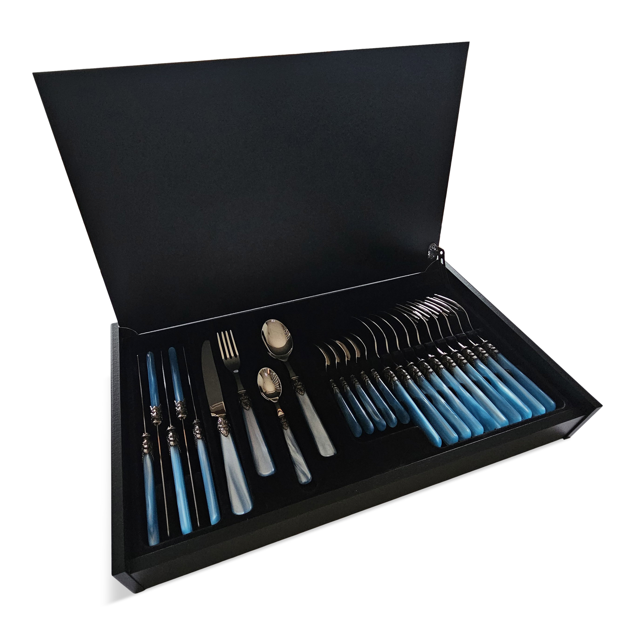 Coffret de couverts, Bleu Clair (éclat nacré), dans un Coffret de couverts en bois luxueux