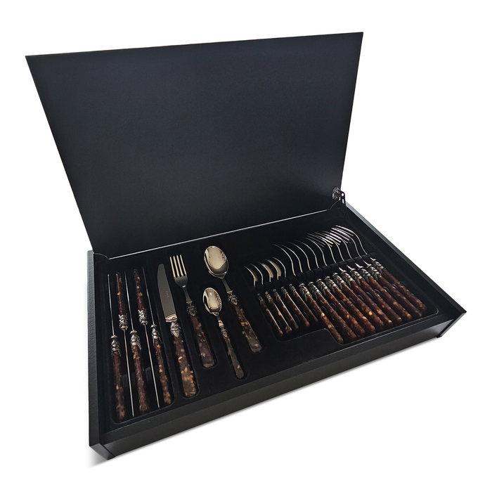 24-teiliges Tafelbesteckset, 6 Personen, Braun (schildkröte), im luxuriösen Holzkoffer