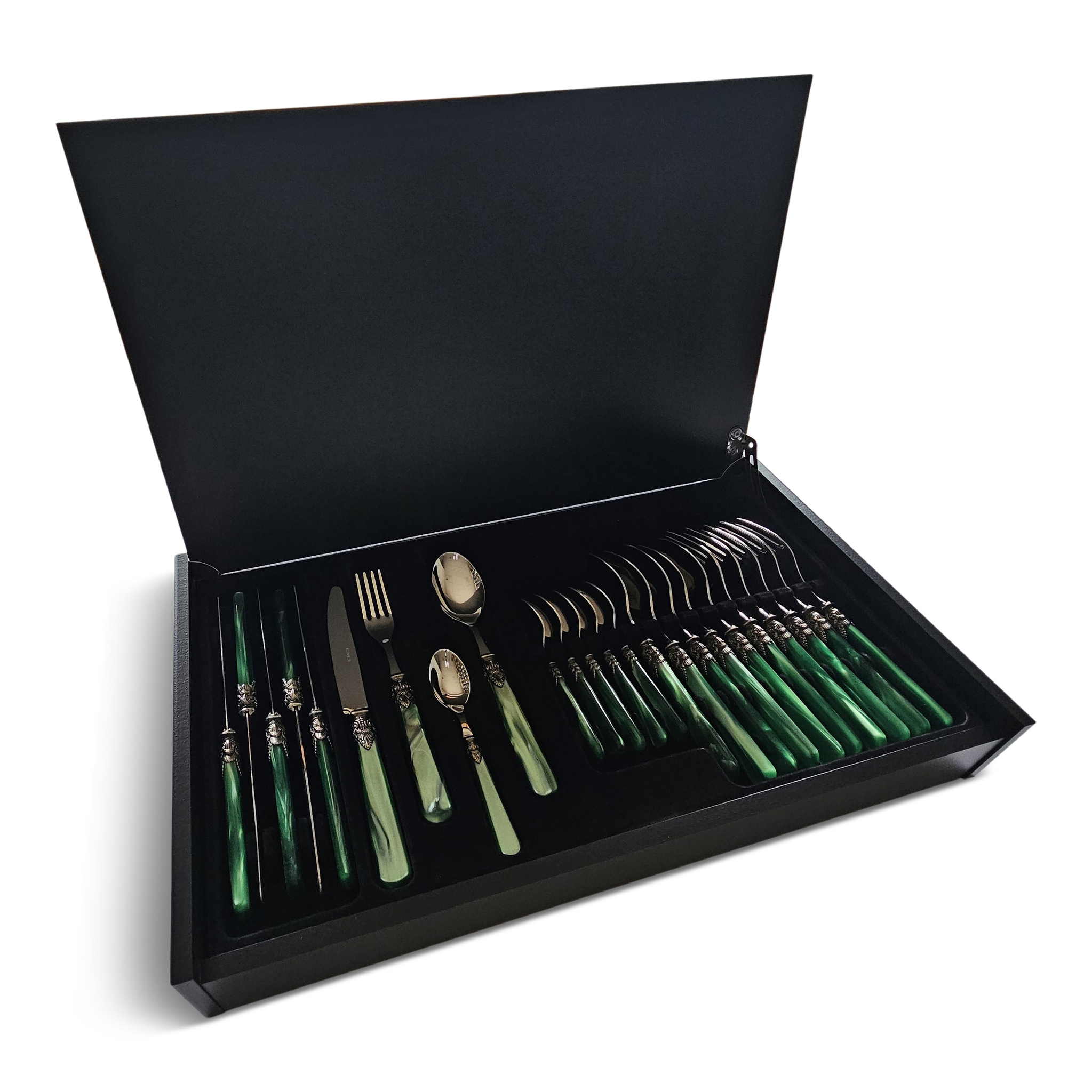 Cutlery Box Green (mother-of-pearl), in a luxurious wooden cutlery case