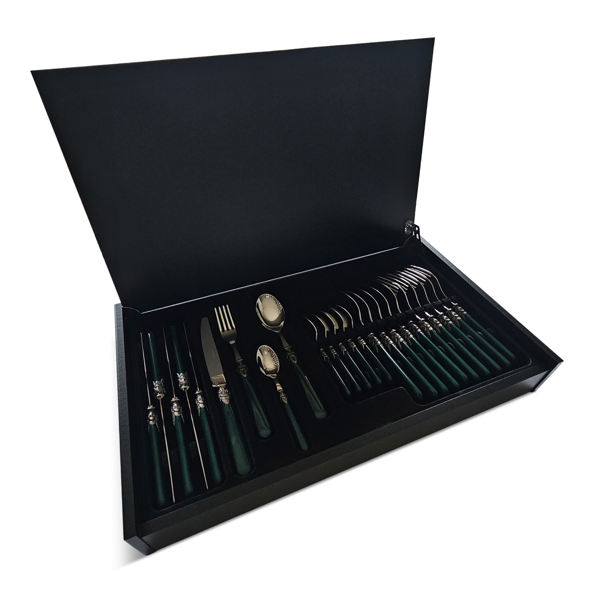 Cutlery Box, Green (plain), in a luxurious wooden cutlery case
