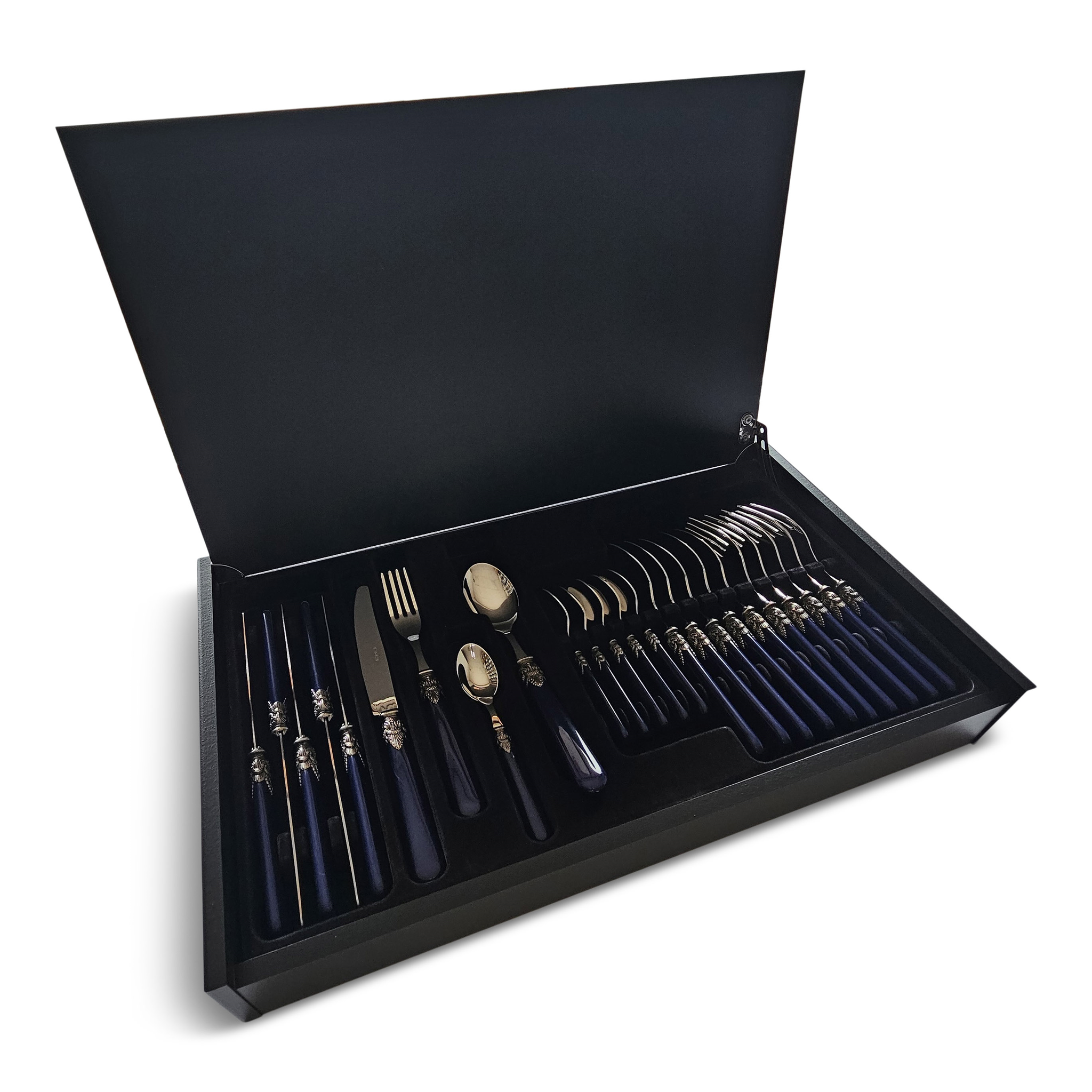 Cutlery Box, Blue (plain), in a luxurious wooden cutlery case