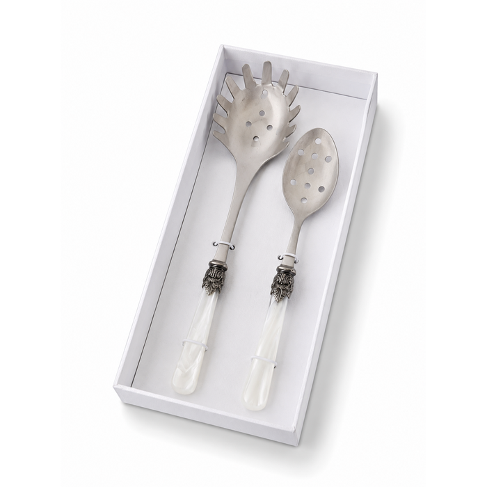 Set de Cubiertos para Pasta (2 piezas), Blanco (Nácar), Cuchara para Espaguetis y Cuchara Ranurada | EME Napoleon