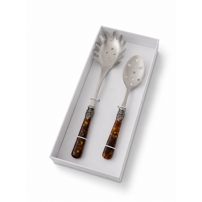Set de Cubiertos para Pasta (2 piezas), Marron (tortuga), Cuchara para Espaguetis y Cuchara Ranurada | EME Napoleon