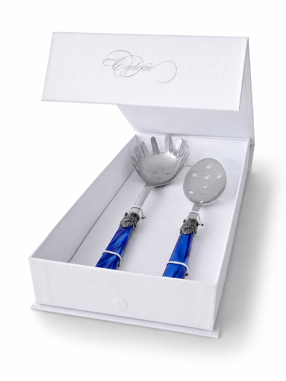 Pasta Cutlery Gift Set (2-Piece), Blue (mother-of-pearl), Spaghetti Server and Slotted Spoon | EME Napoleon