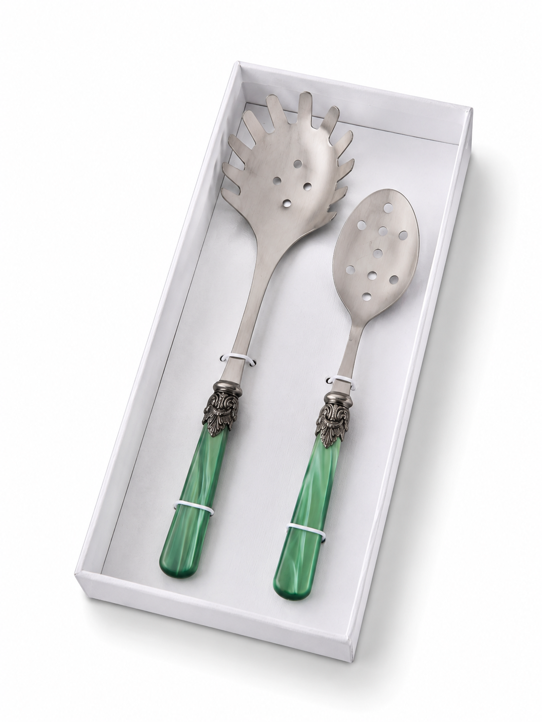 Pasta Bestek Cadeauset (2-delig), spaghettilepel en sleuflepel, Groen (parelmoer) | EME Napoleon
