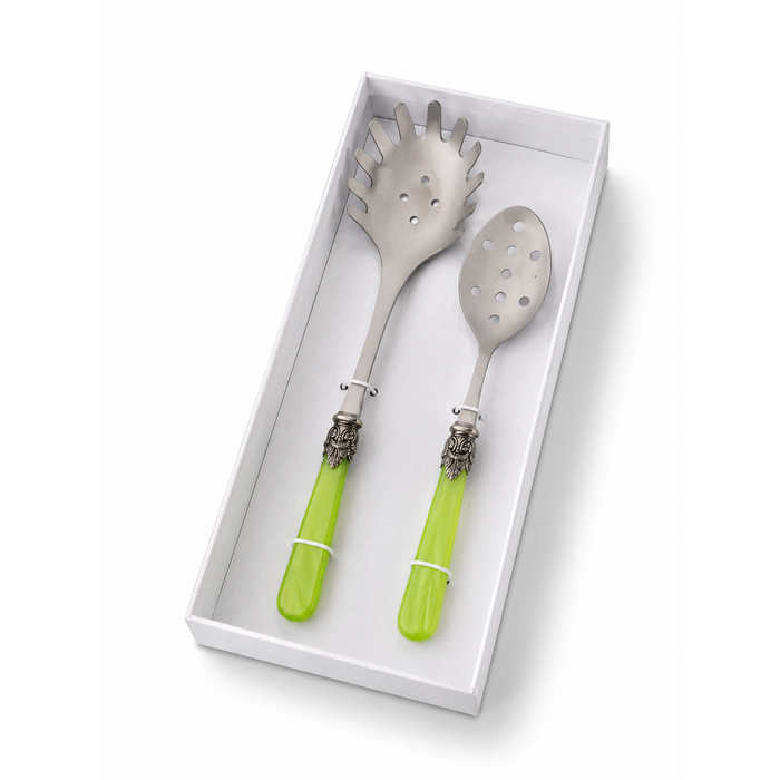 Pasta Cutlery Gift Set (2-Piece), Light Green (mother-of-pearl), Spaghetti Server and Slotted Spoon | EME Napoleon