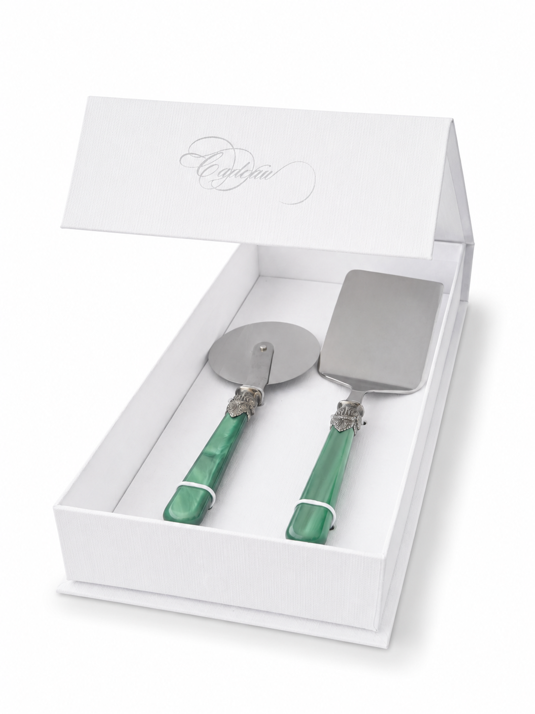 Set de regalo de 2 utensilios para pasta con pala para lasaña y cortador de pizza, verde (nácar), EME Napoleon