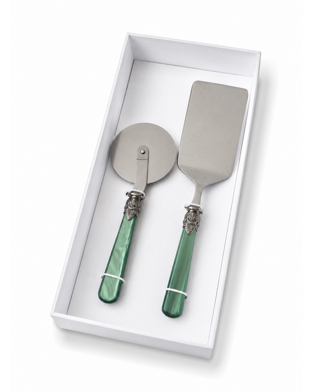 Set de regalo de 2 utensilios para pasta con pala para lasaña y cortador de pizza, verde (nácar), EME Napoleon