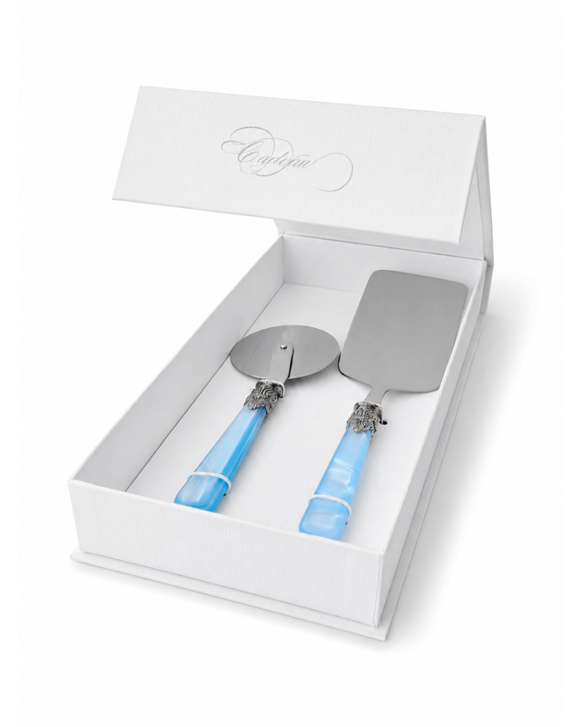 Set de regalo de 2 utensilios para pasta con pala para lasaña y cortador de pizza, azul claro (nácar), EME Napoleon