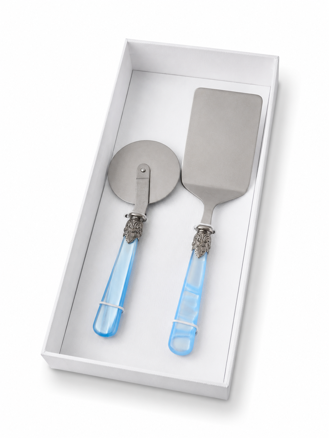 Coffret cadeau de 2 ustensiles pour pâtes avec pelle à lasagnes et roulette à pizza, bleu clair (nacré), EME Napoleon