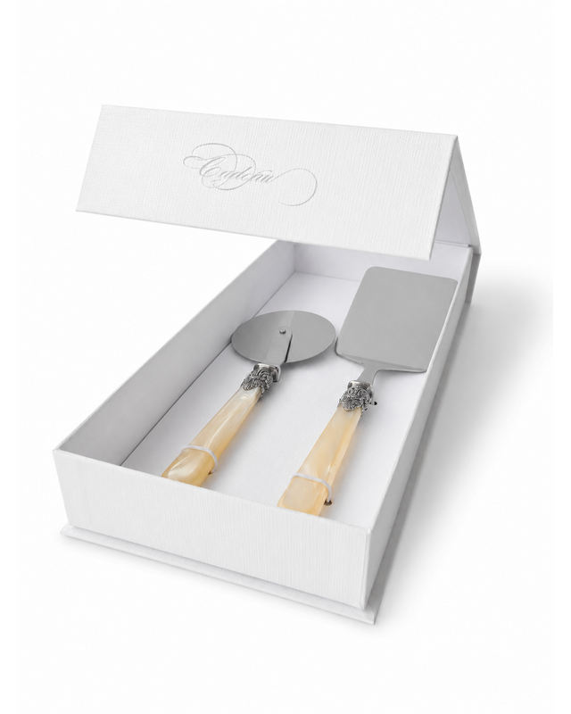 2-teiliges Pasta-Besteck-Geschenkset mit Lasagneheber und Pizzaschneider, Elfenbein (perlmutt), EME Napoleon