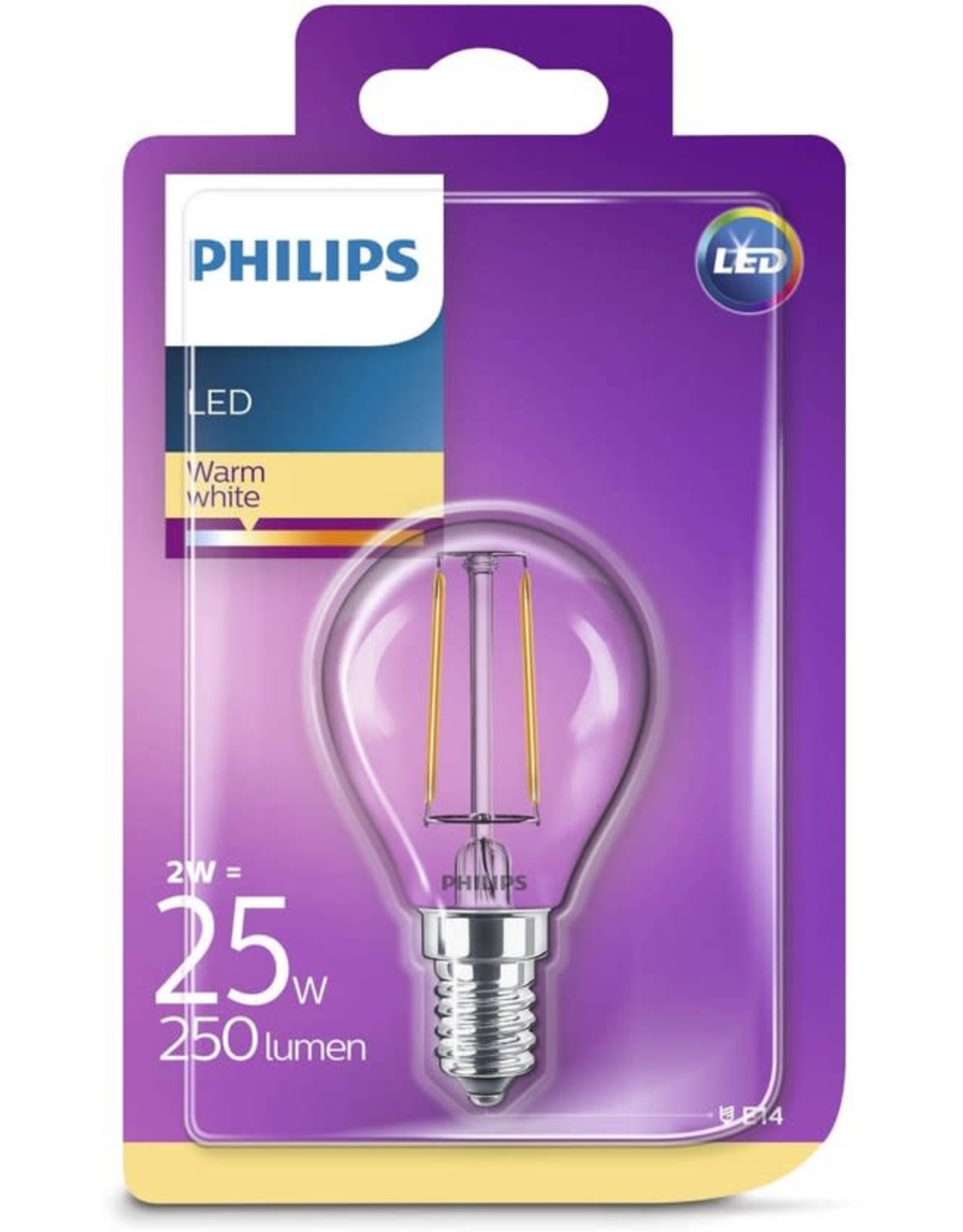 PHILIPS LED lamp E14 2W 250Lm kogel filament
