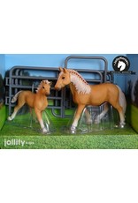 JOLLITY JollyHorses - paarden - Palomino merrie plus veulen en hekwerk – handgeschilderd