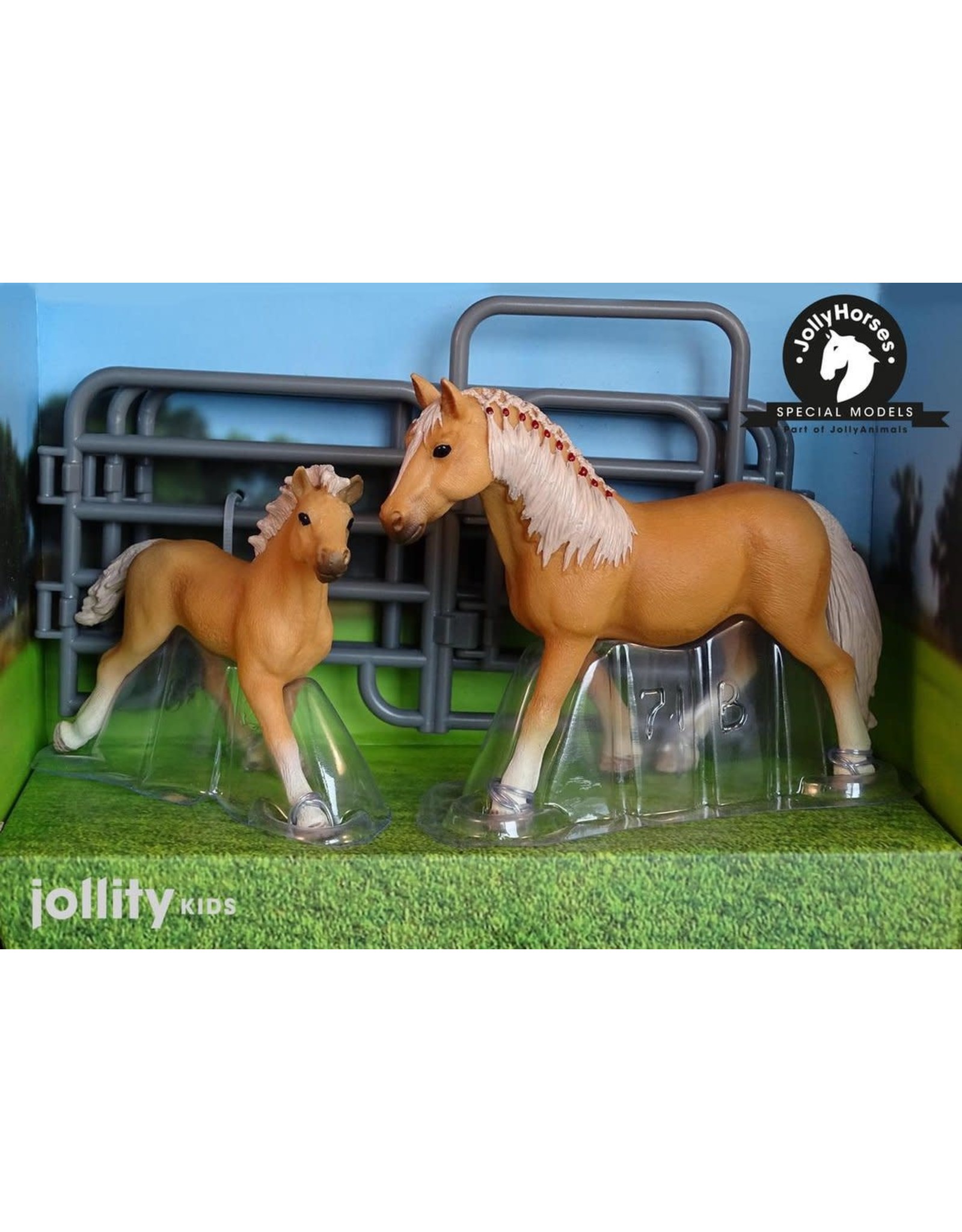 JOLLITY JollyHorses - paarden - Palomino merrie plus veulen en hekwerk – handgeschilderd