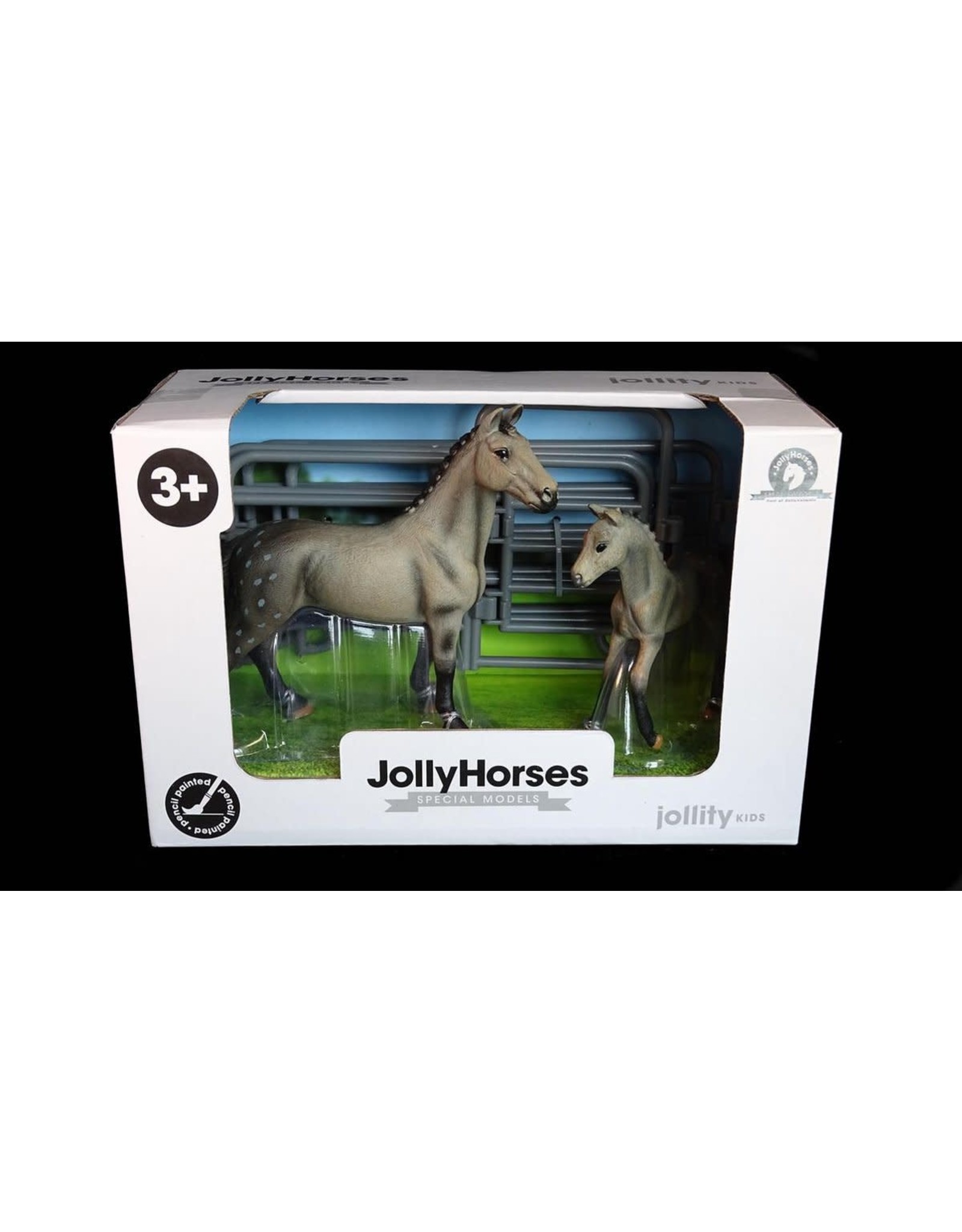 JOLLITY JollyHorses - paarden - Quarter Horse Grey hengst plus veulen en hekwerk – handgeschilderd