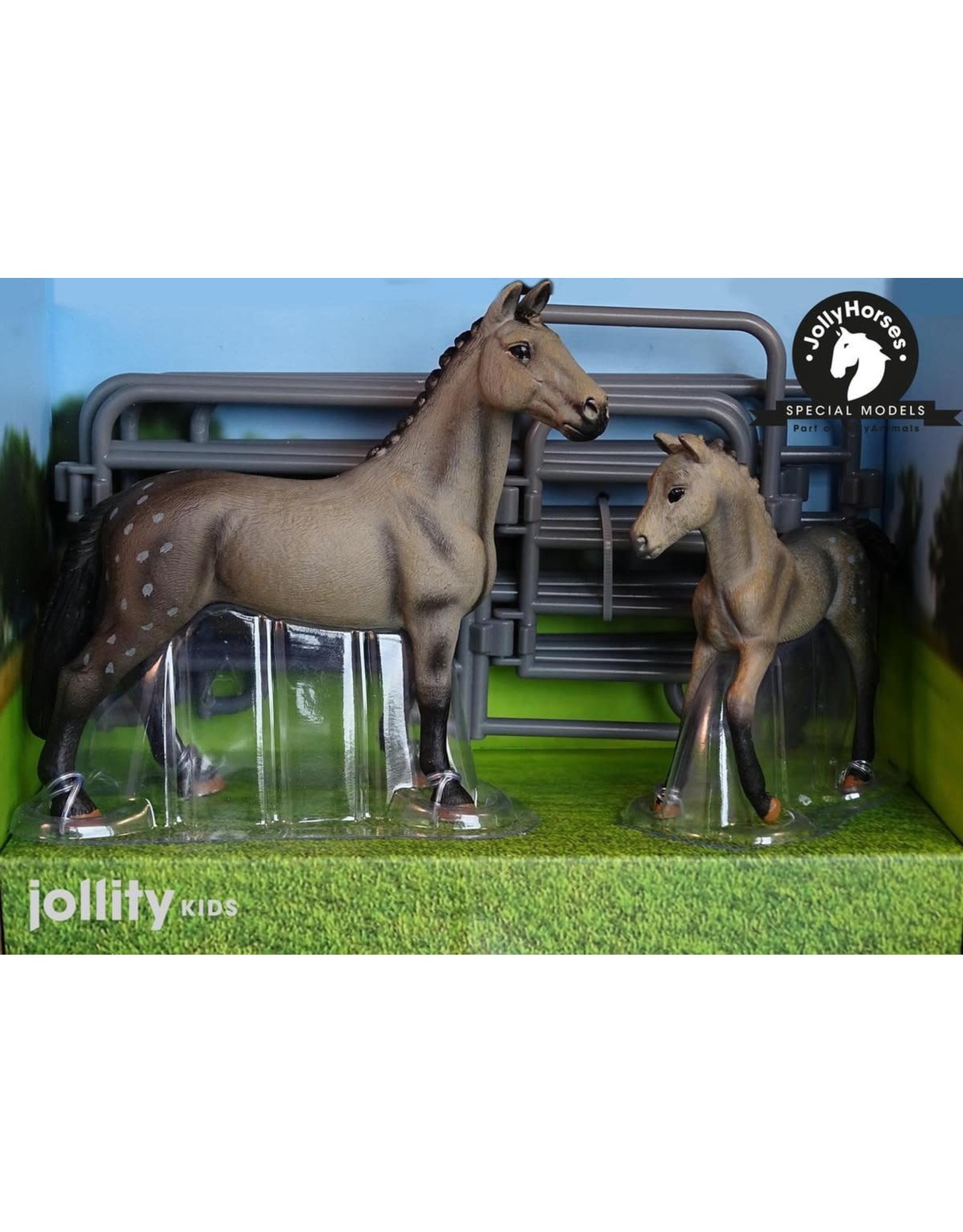 JOLLITY JollyHorses - paarden - Quarter Horse Grey hengst plus veulen en hekwerk – handgeschilderd