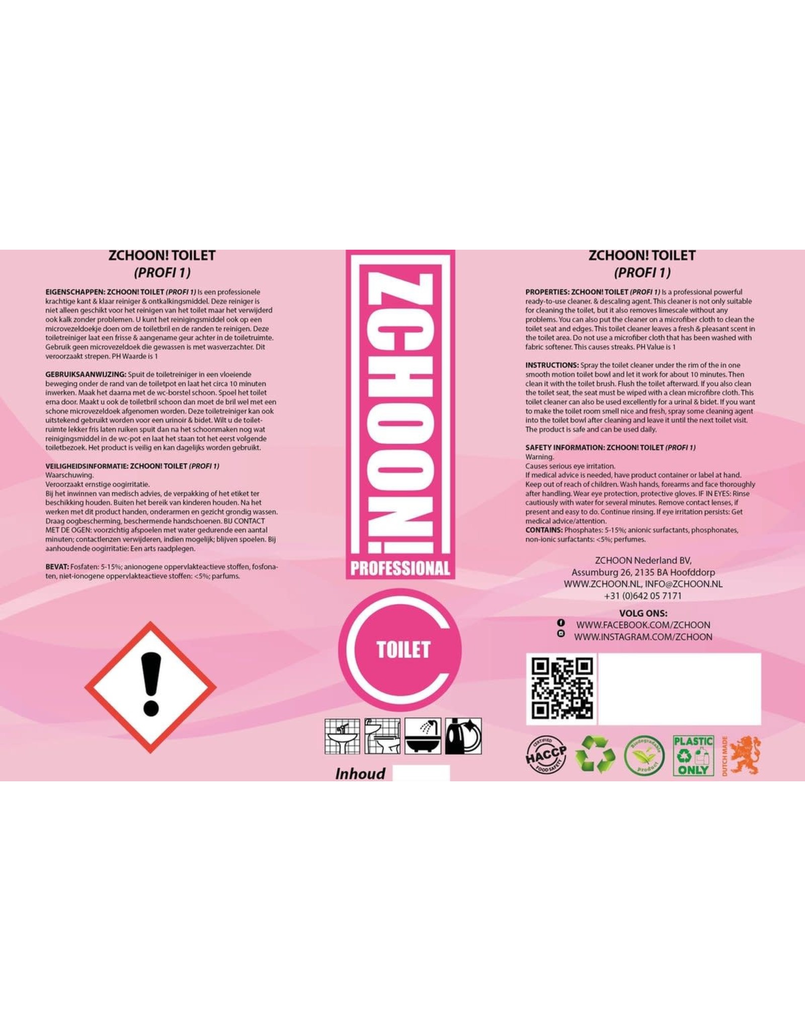 ZCHOON Zchoon - Profi 1 - Professioneel - Toiletreiniger - Biologisch - Schoonmaak - Horeca - Poetsmiddelen