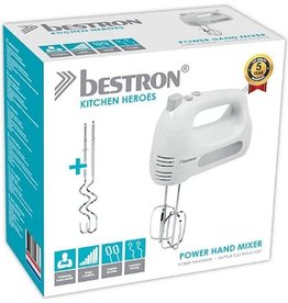 BESTRON Bestron elektrische handmixer met 2 gardes en 2 deeghaken, 6 snelheidsstanden, 400 watt, kleur: Wit