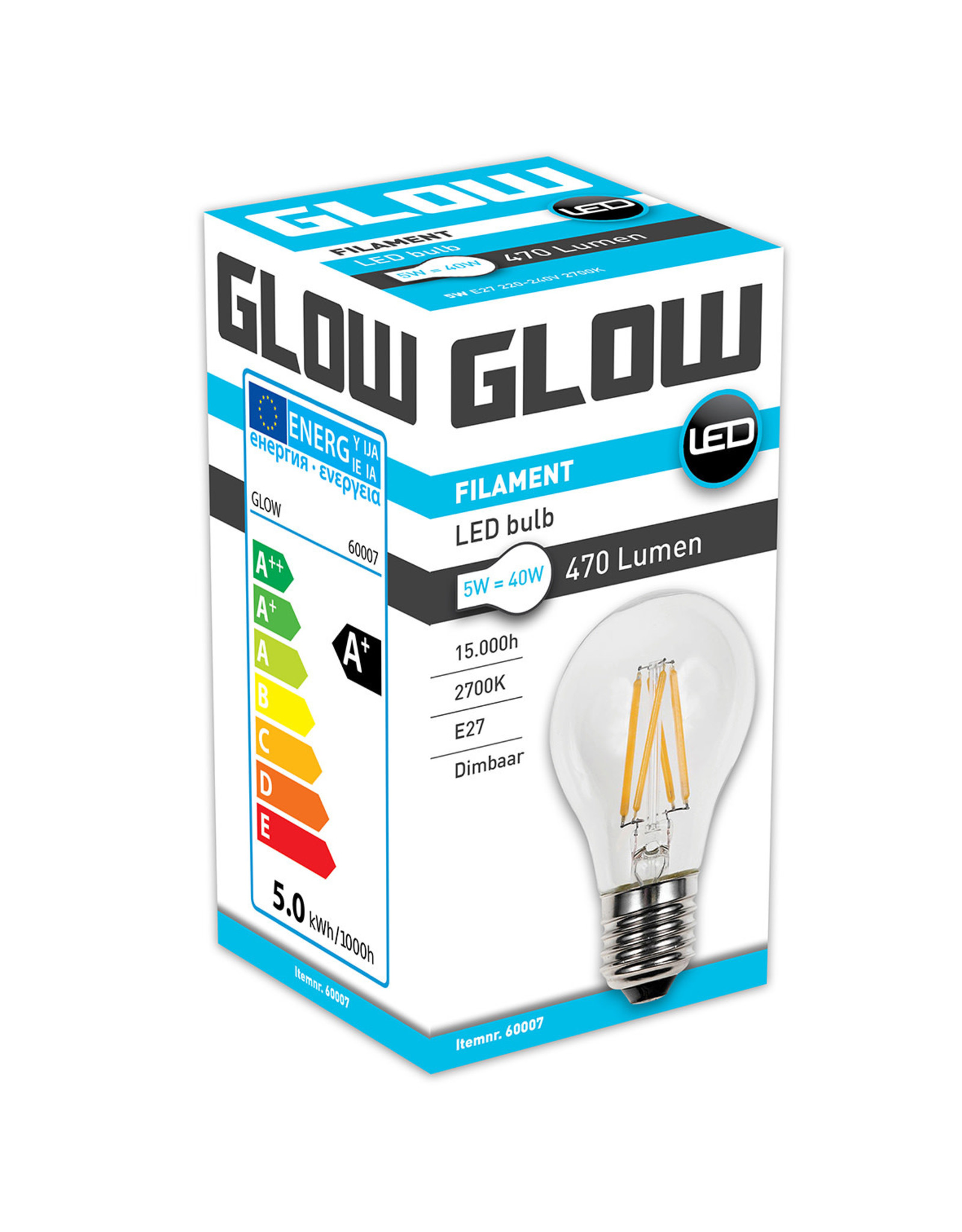 Glow LED Filament normaal | 5-40W E27 A60 2700K 470lm dimbaar
