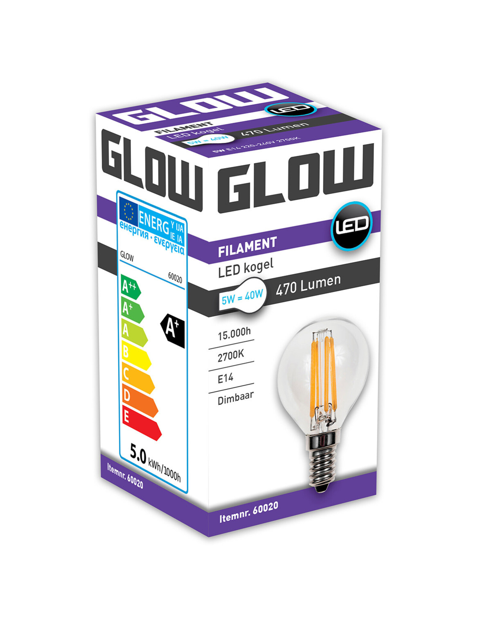 Glow Glow kogel e14 5w 40w 2700k 470lm dimbaar