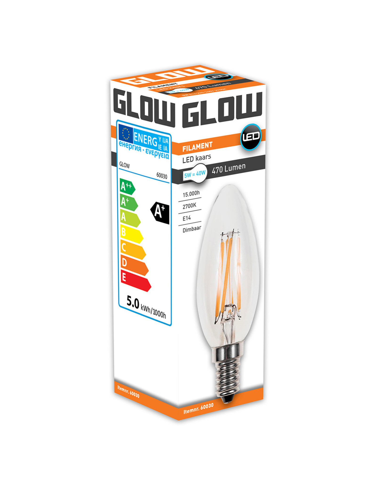 Glow LED Filament kaars | 5-40W E14 C35 2700K 470lm dimbaar