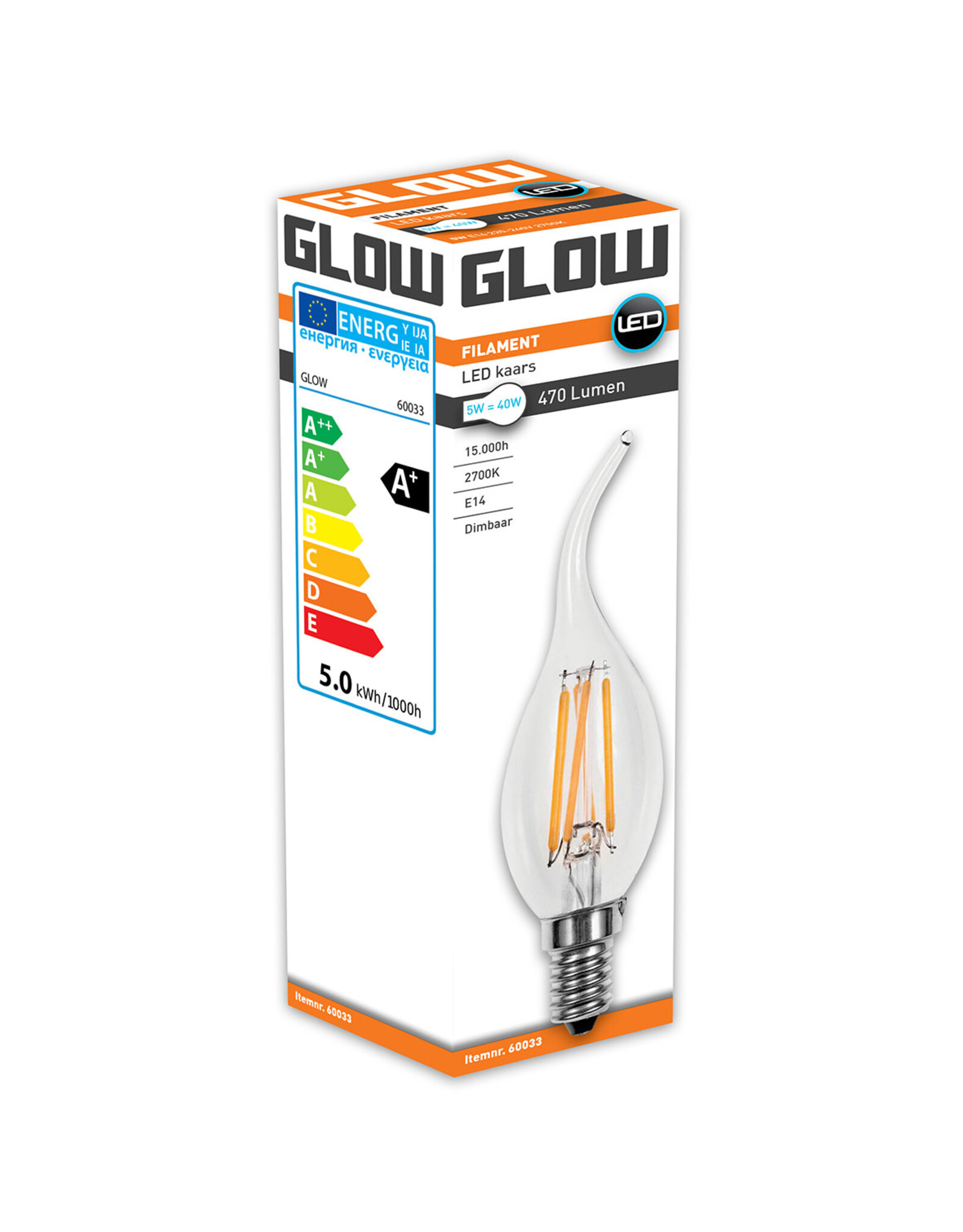 Glow Glow tipkaars e14 5w  40w 2700k 470lm dimbaar