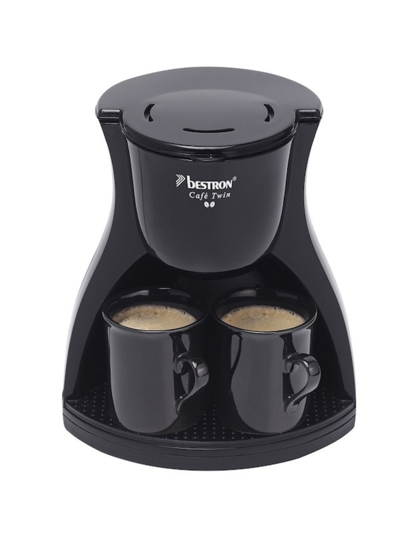 BESTRON Bestron Filterkoffiezetapparaat voor 2 kopjes koffie, Duo-Filterkoffiemachine incl. twee bijpassende zwarte kopjes & permanentfilter, 450Watt, kleur: Zwart