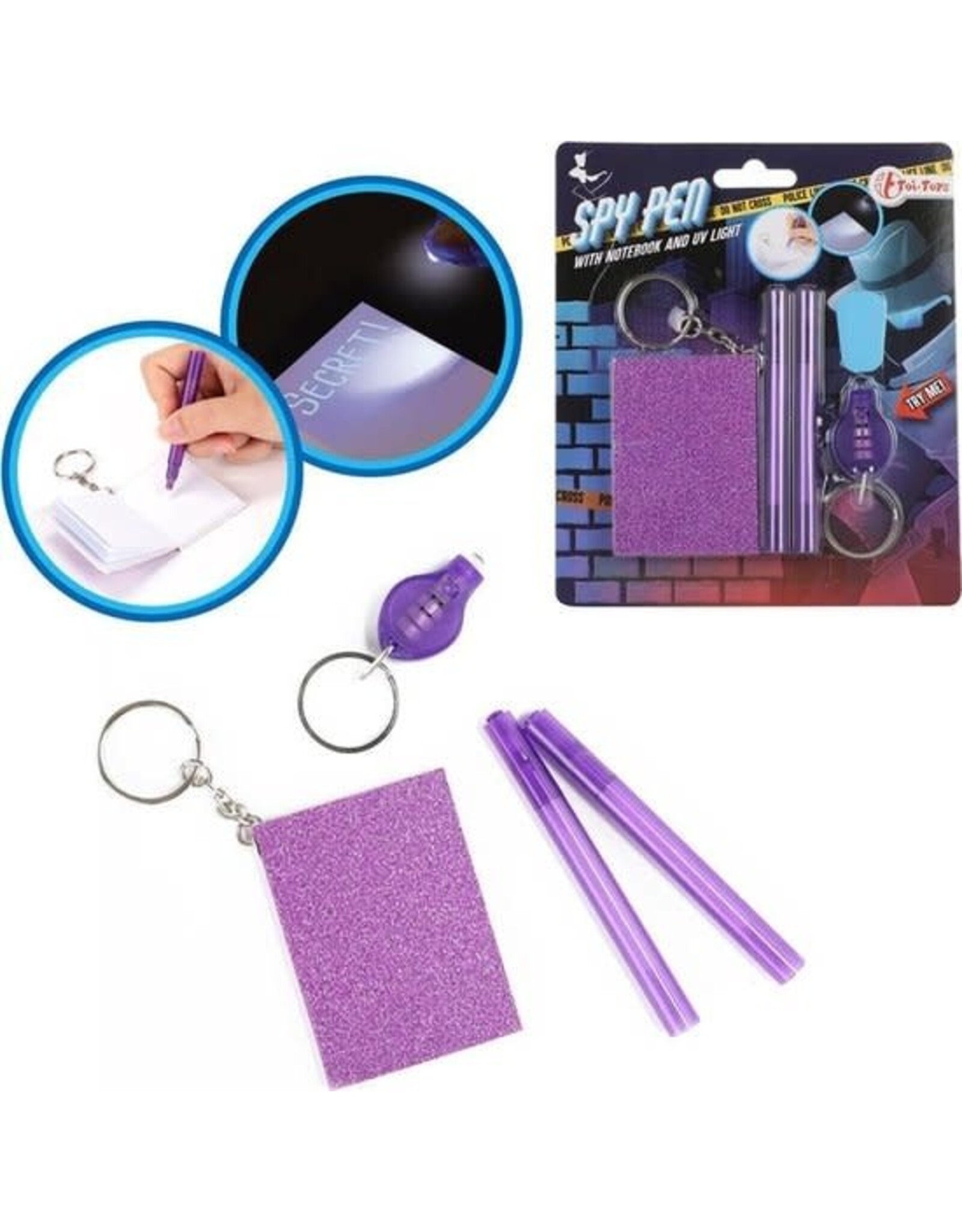 TOI TOYS Toi Toys Notitieboek+UV lamp aan sleutelhanger met spy pen voor geheimschrift