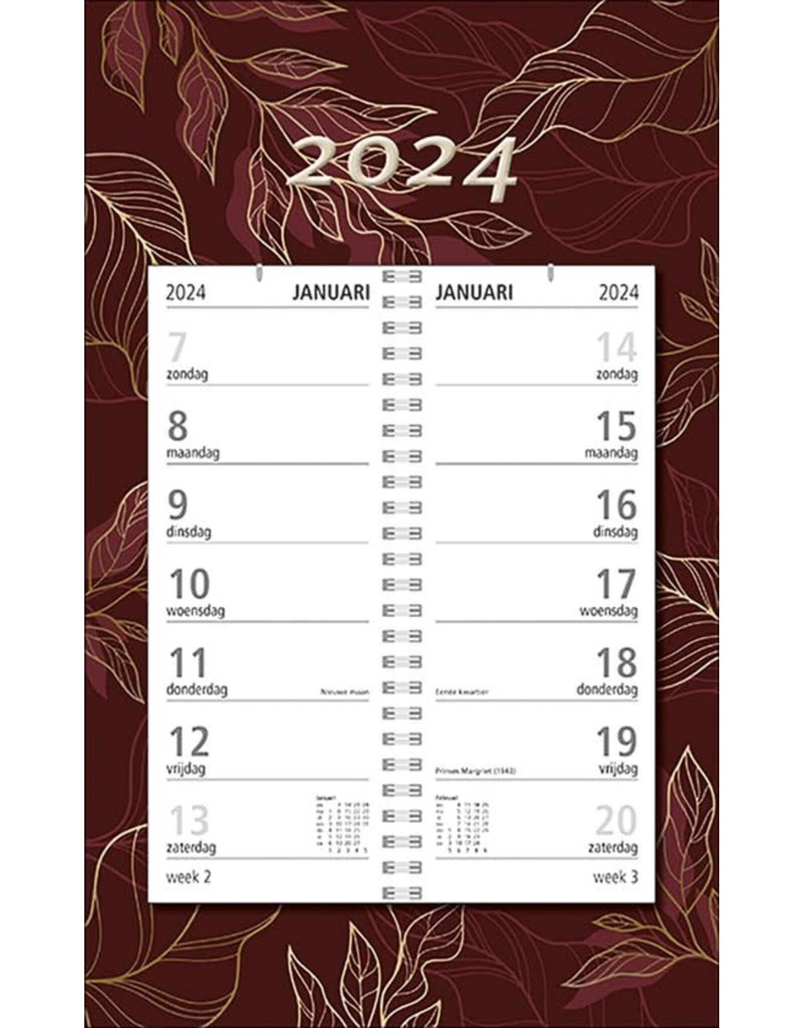 MGPcards - Omlegweekkalender 2024 - Week begint op Zondag - Bladeren - Bordeaux