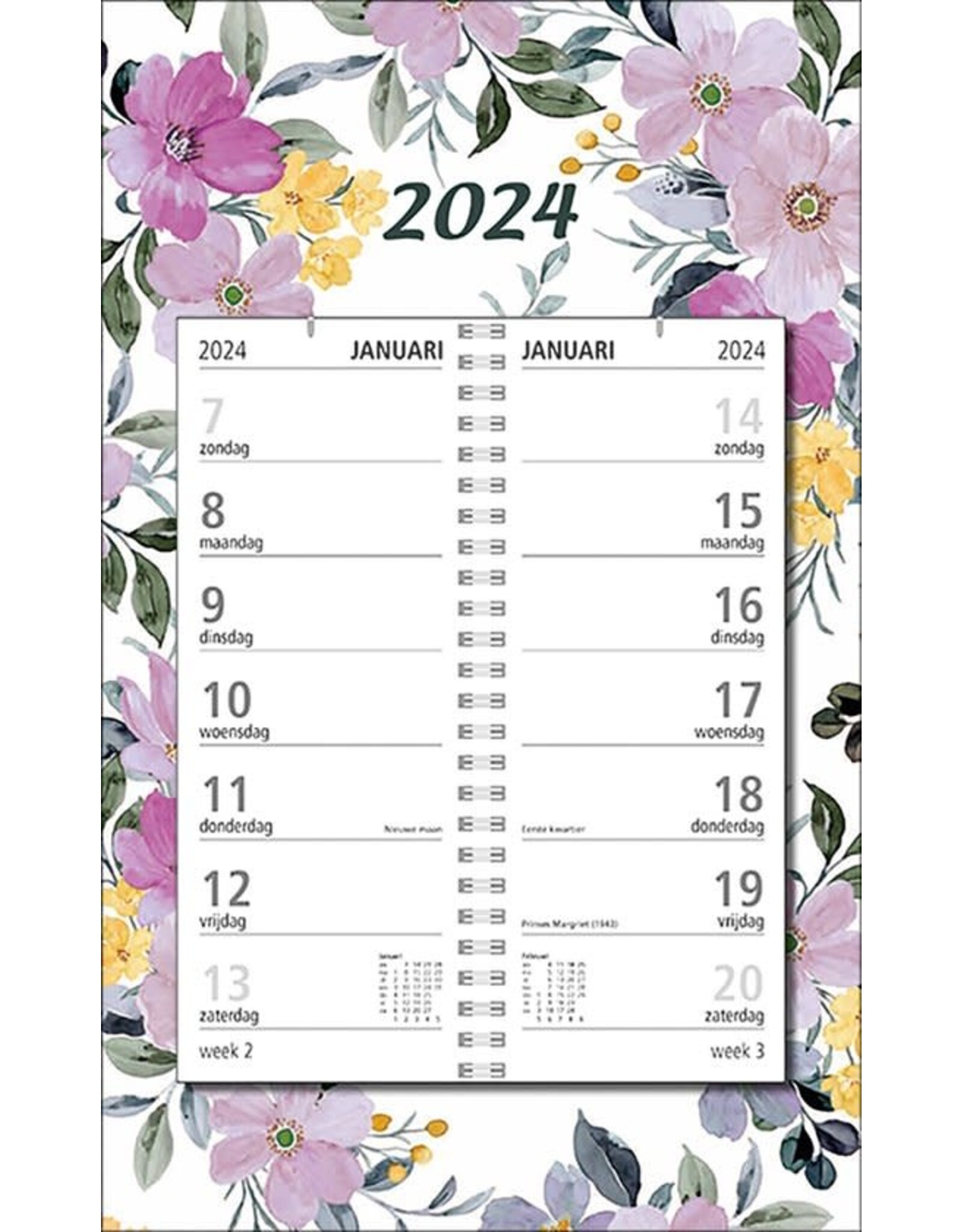 MGPcards - Omlegweekkalender 2024 - Week begint op Zondag - Bloemen - Pastel Lila