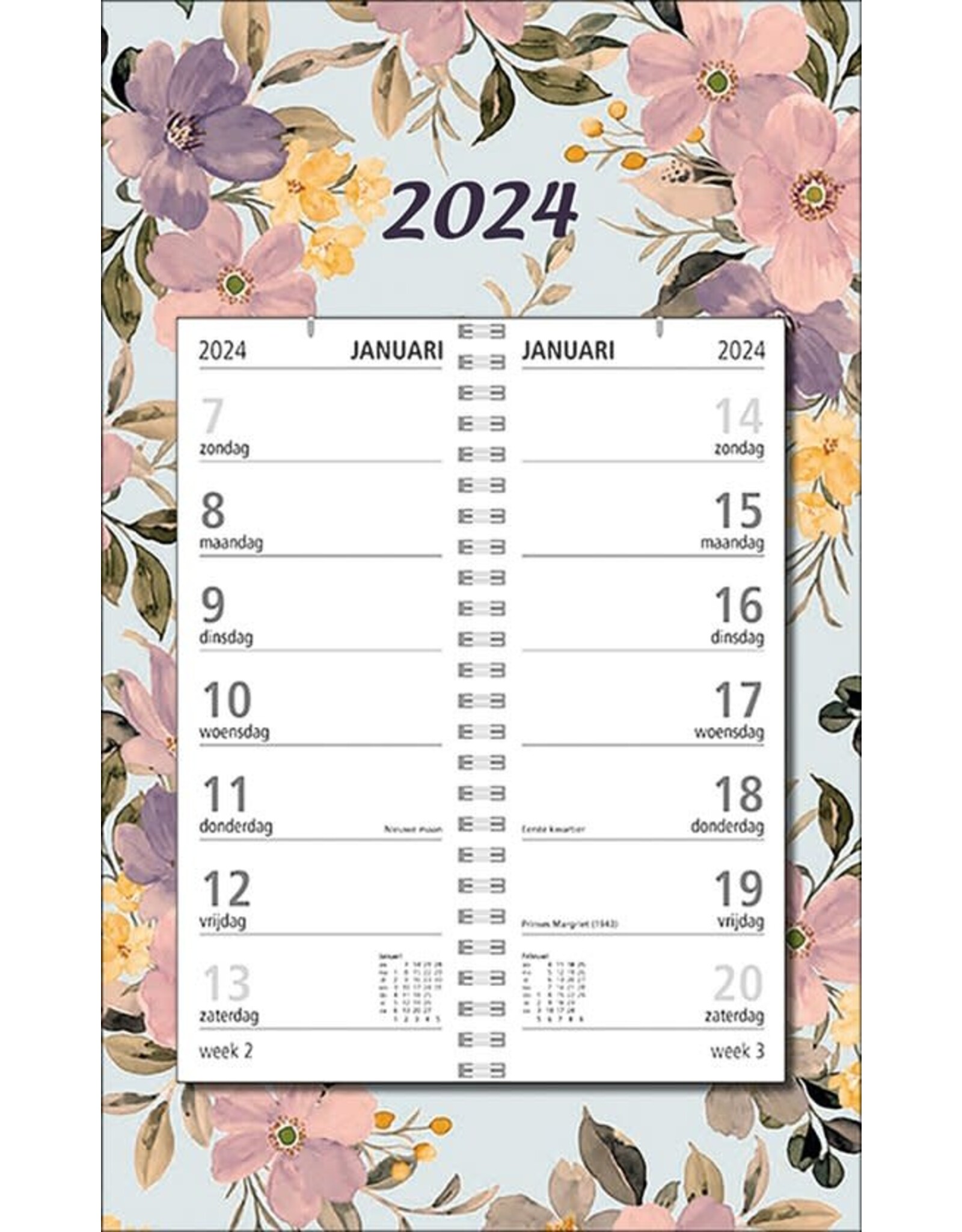 MGPcards - Omlegweekkalender 2024 - Week begint op Zondag - Bloemen - Pastel Roze