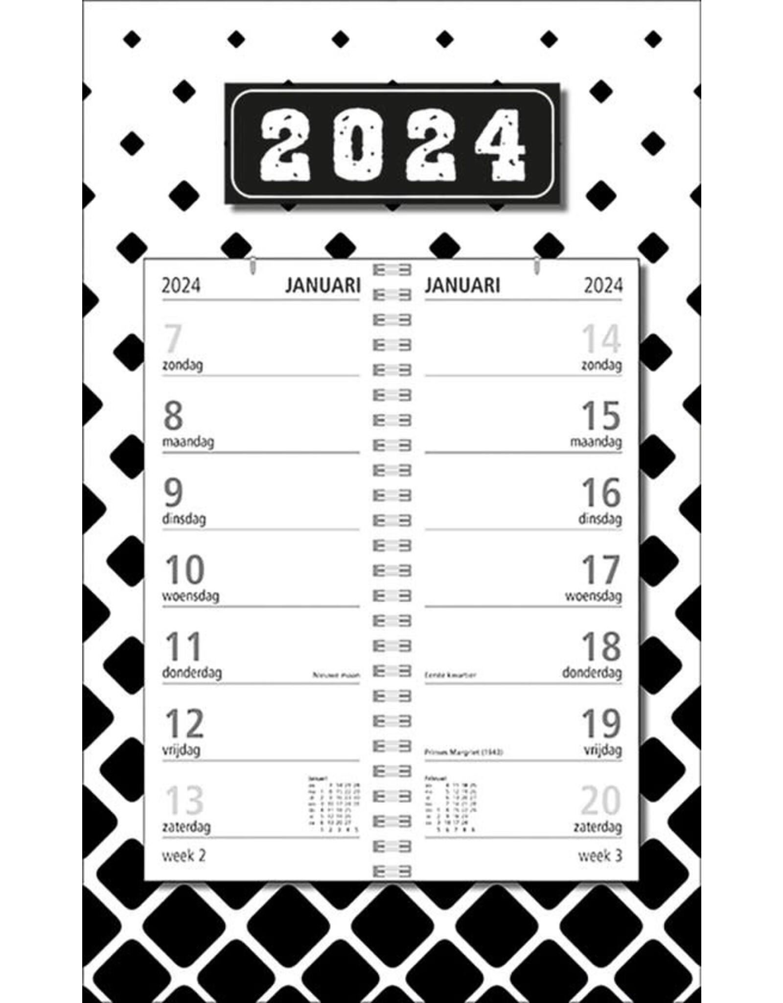 MGPcards - Omlegweekkalender 2024 - Week begint op Zondag - Zwart-Wit