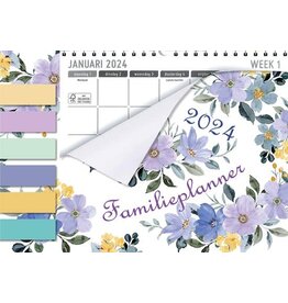 MGPcards - Family planner XL 2024 - Week begint op Maandag - 6 personen - Familie - Bloemen - Pastel Lila