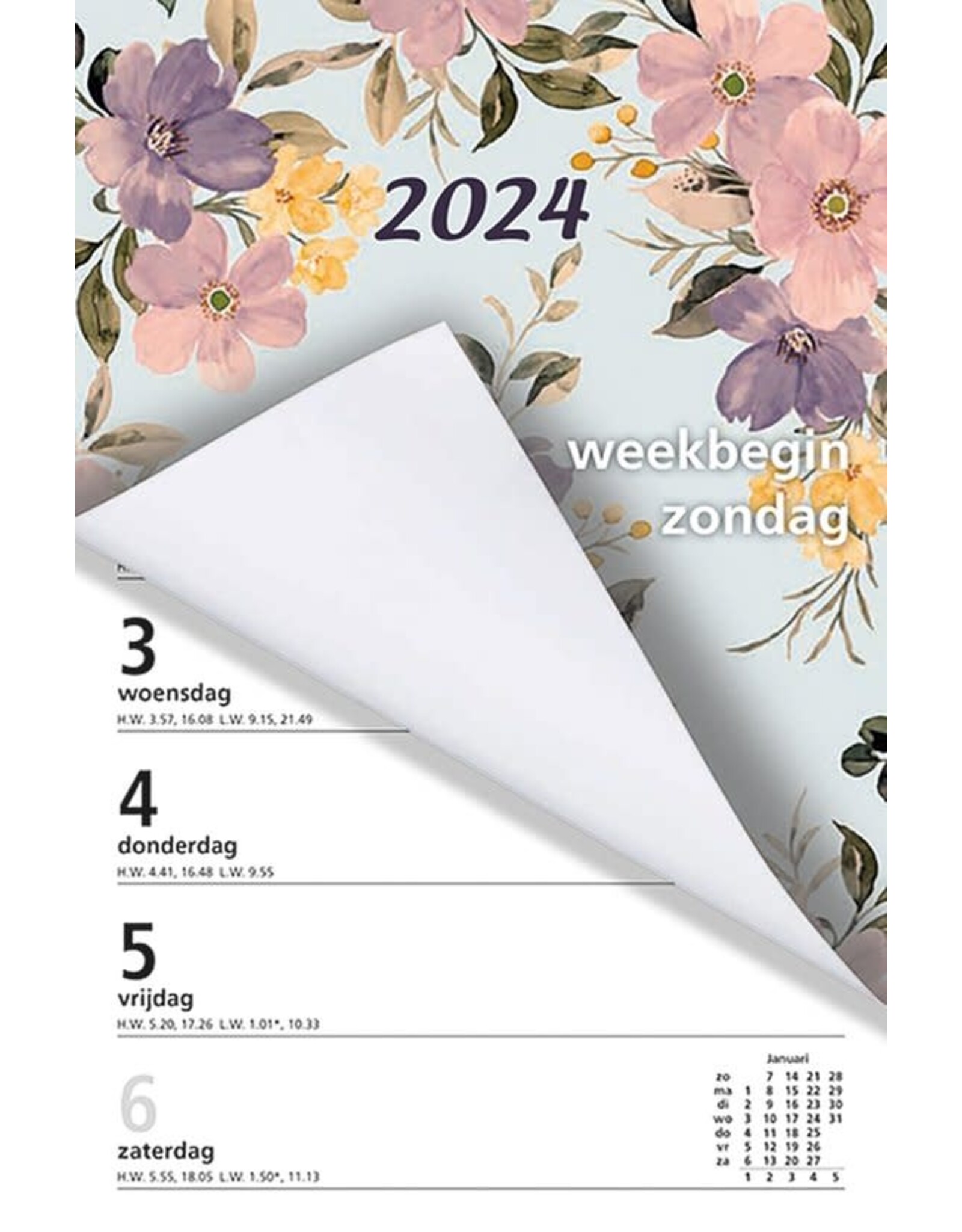 MGPcards - Weekblok (met Wire-O binding) 2024 - Week begint op Zondag - Bloemen - Pastel Roze