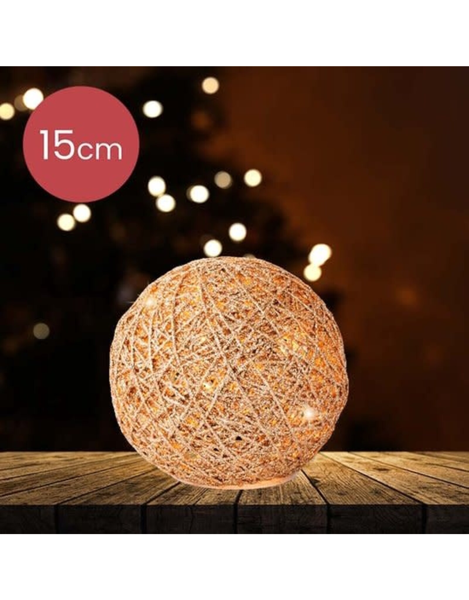 lumineo Decoratieve gouden glitter kerstbal met LED verlichting - Ø 15CM