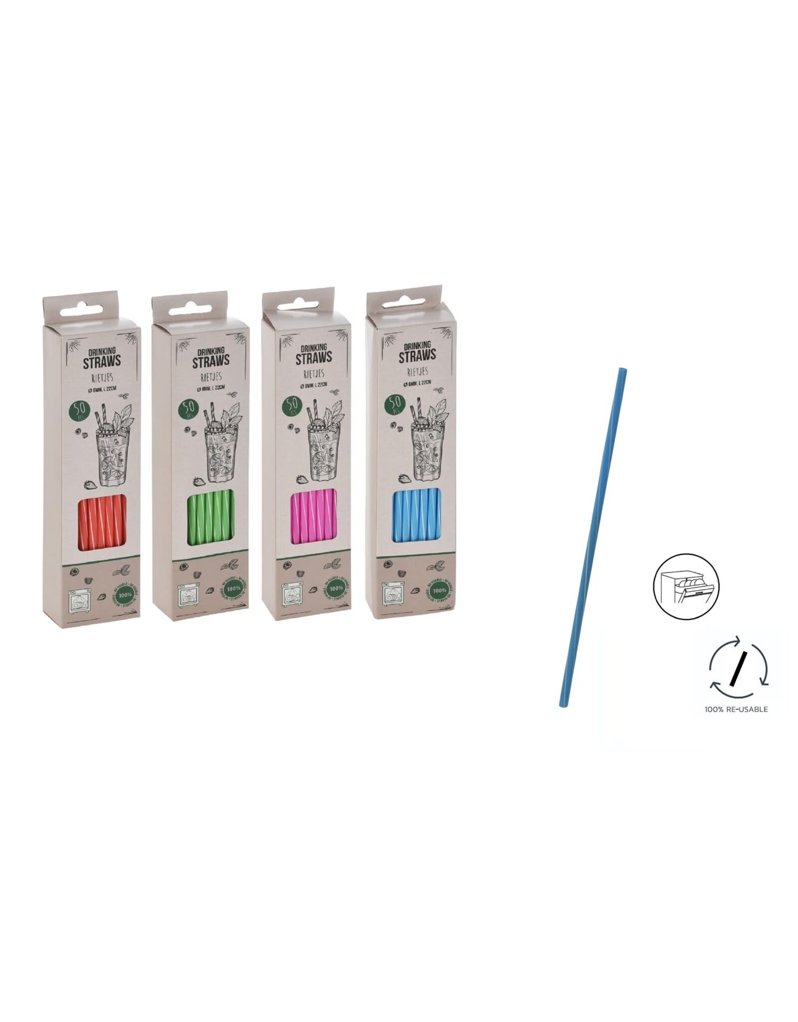Rietjes Assorti kleur streep PP 50 stuks Dia 6mm L 22cm