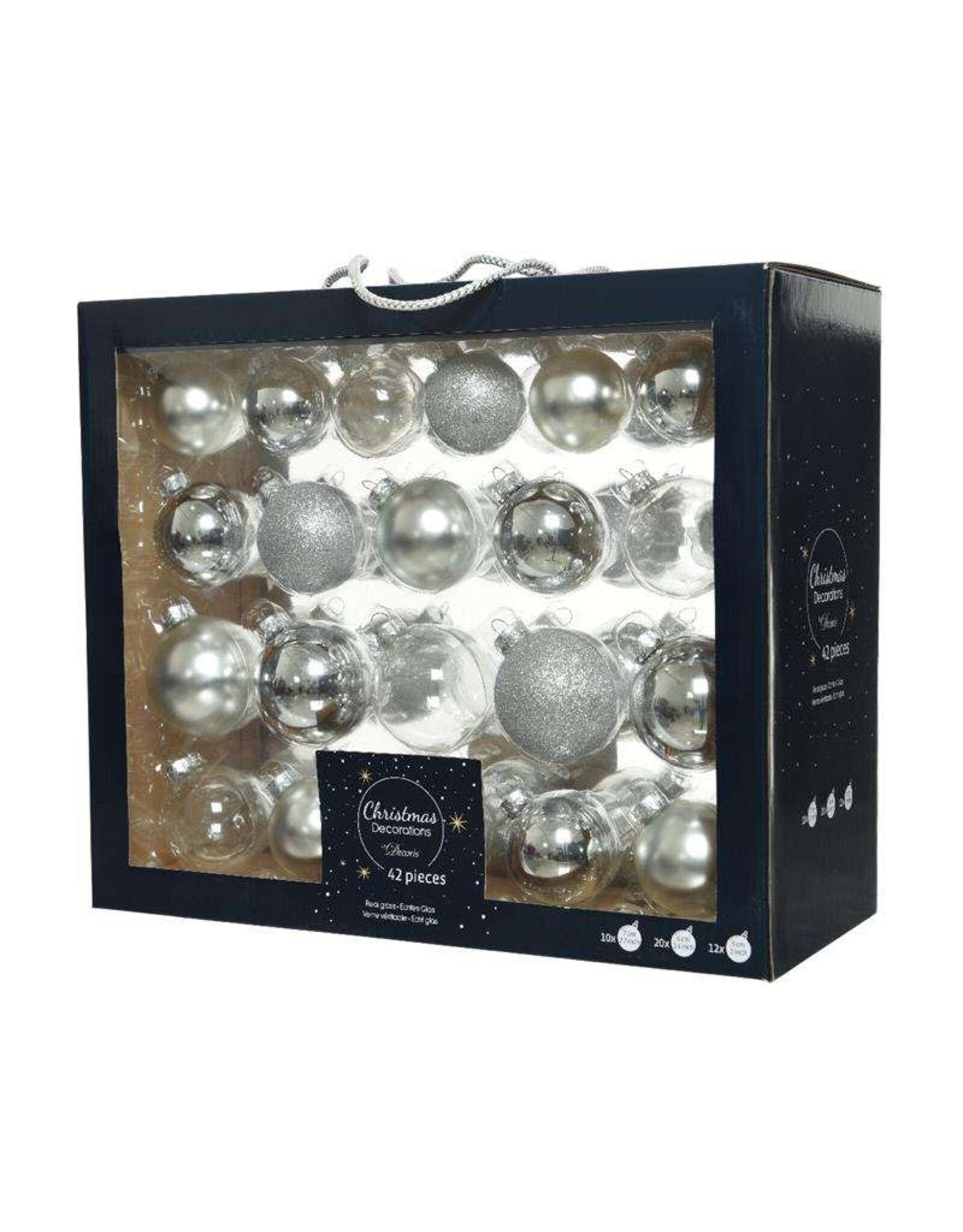 Decoris Kerstballenset van glas zilver box a 42 stuks