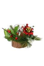 Decoris Decoris Theelichthouder glas in houten standaard met kerststukje groen/rood H14 cm