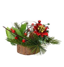 Decoris Decoris Theelichthouder glas in houten standaard met kerststukje groen/rood H14 cm