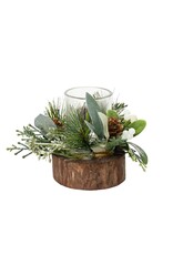 Decoris Decoris Theelichthouder glas in houten standaard met kerststukje groen/wit H14 cm
