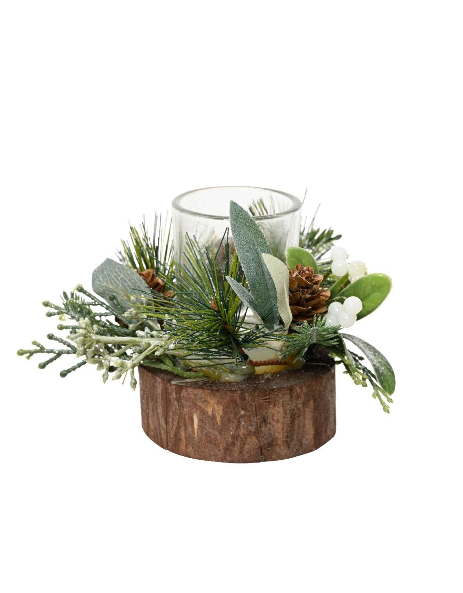 Decoris Decoris Theelichthouder glas in houten standaard met kerststukje groen/wit H14 cm