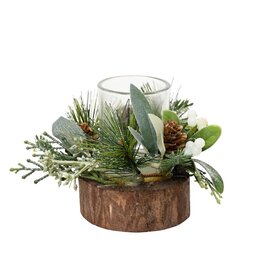 Decoris Decoris Theelichthouder glas in houten standaard met kerststukje groen/wit H14 cm