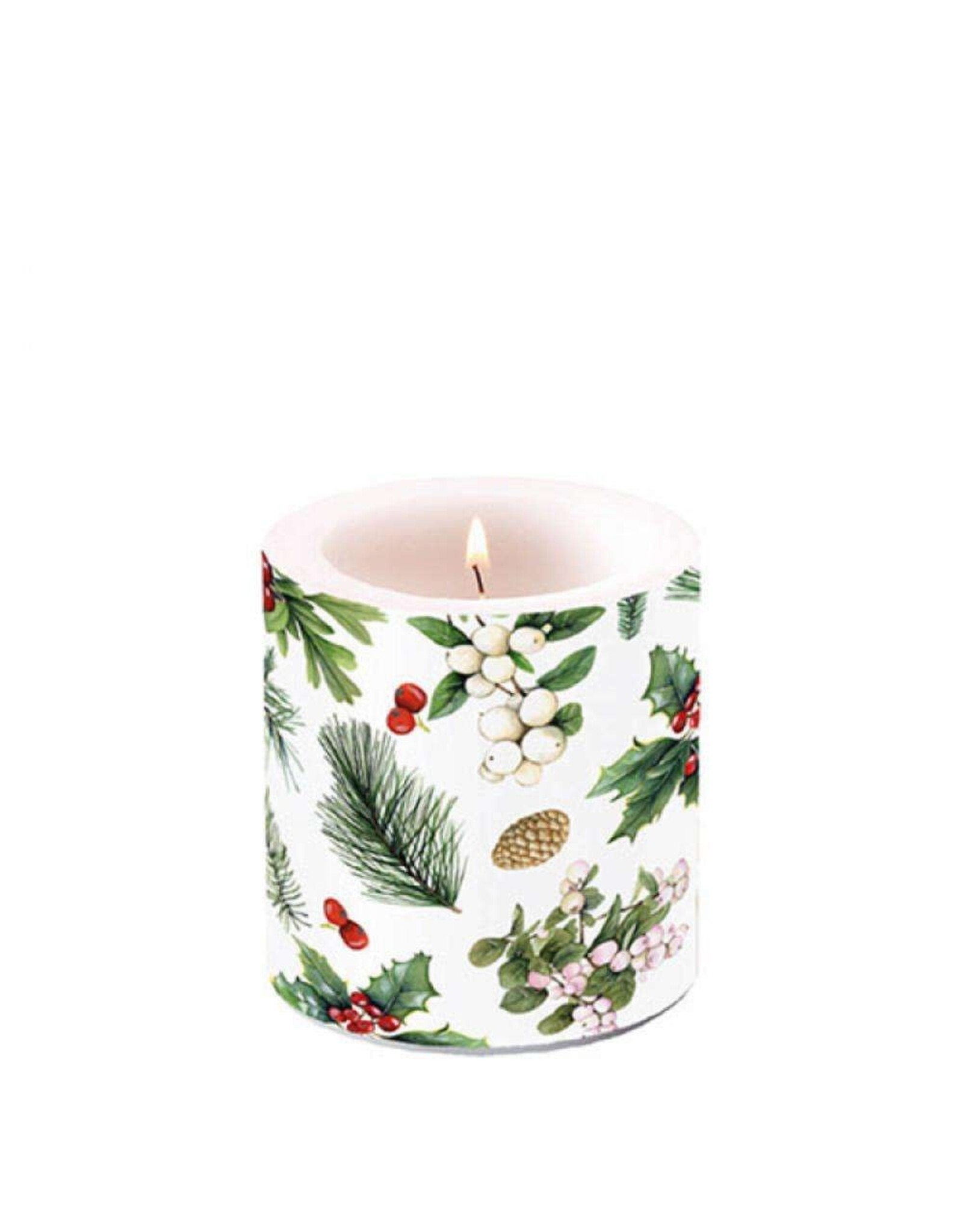 Ambiente Ambiente Kaars klein Winter greenery wit dia7,5x9cm van parafine 35 branduren