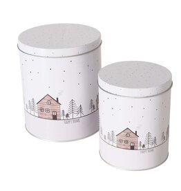 Boltze Home Boltze Home Voorraadblik Homewood met afbeelding van huisjes en kerstbomen set a 2 stuks Dia11cm H13cm en Dia14cm H16cm