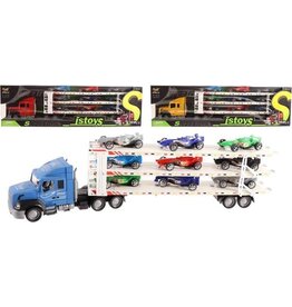 Vrachtauto 58 cm met oplegger en 9 auto's Frictie - Jono Toys