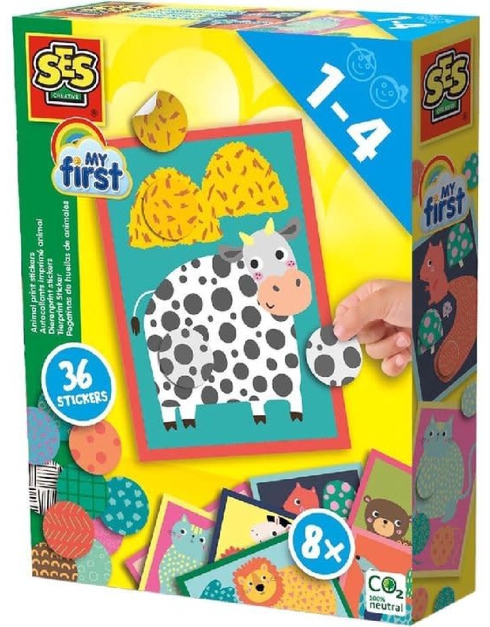 Ses SES - My First - Dierenprint stickers - 8 kaarten met 36 stickers - plak de juiste kleuren en patronen op de kaart
