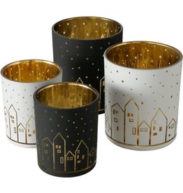 Boltze Home Boltze Home Theelichthouder glas Little Town met afbeelding huisjes set a 2 stuks- Dia7cm H8cm en Dia9cm H10cm wit/goud