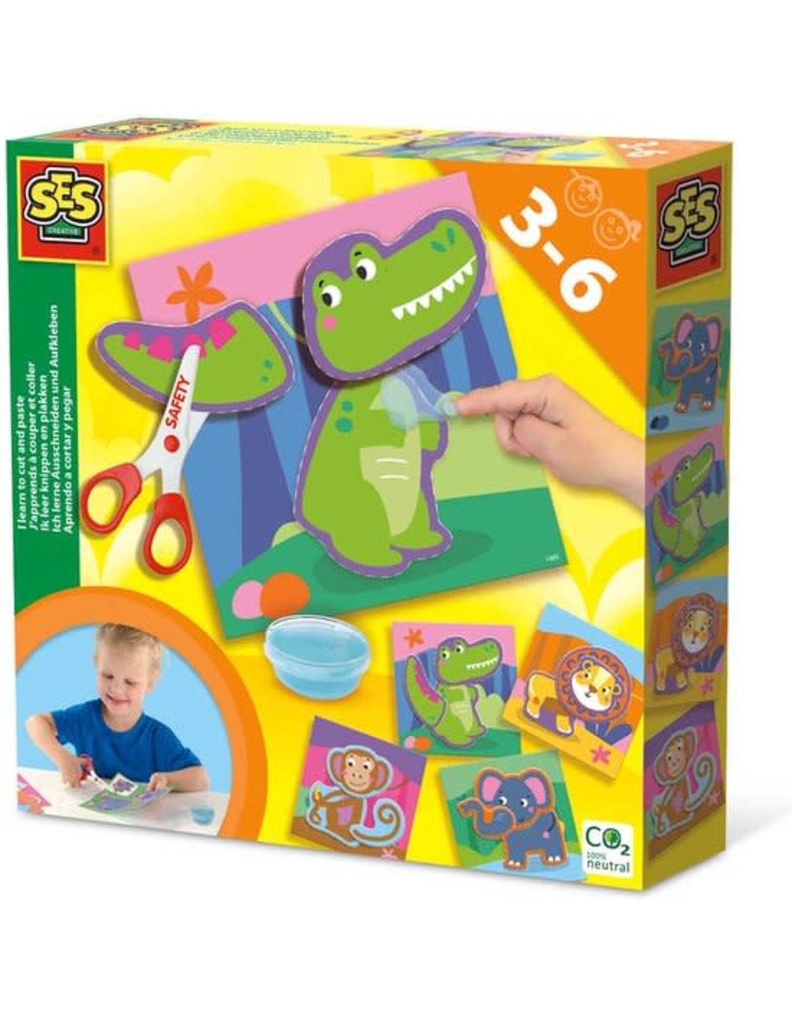 Ses SES - Ik leer knippen en plakken - 4 knip kaarten en 4 plak kaarten - inclusief veilige kinderschaar en vingerlijm