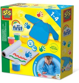 Ses SES - My First - Verfset met kliederschort - 4 kleuren vingerverf (4x110ml) met schort en papier - goed uitwasbaar - hypoallergeen en glutenvrij